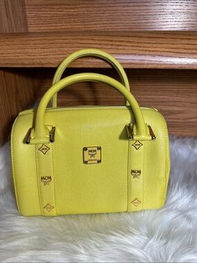 MCM Yellow Leather Top-Handle Satchel with Gold Hardware